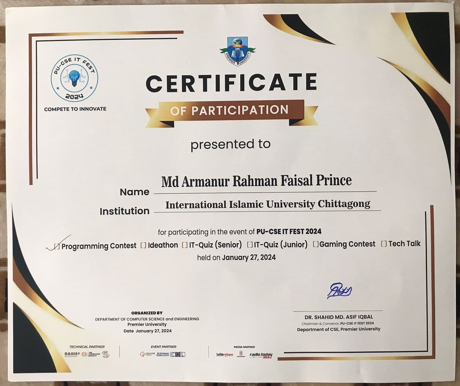 Certificate of Competitive Programming